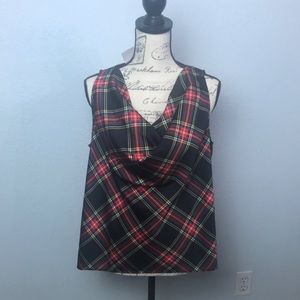 J Crew Factory Sleeveless Cowl Neck Blouse Red Black Plaid Size Medium NWT